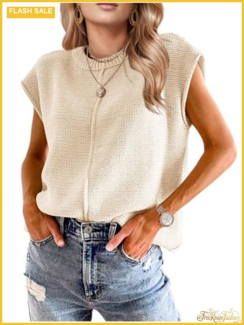 Crochet Sweater Vest Western Boho Short Sleeve Crew Neck Top